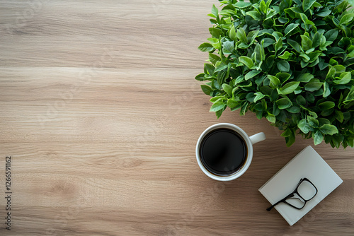Workspace coffee cup plant top view