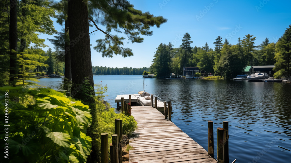 Naklejka premium Serene wooden dock on the edge of a tranquil lake, surrounded by pine trees and blue skies, capturing the beauty of nature, perfect for outdoor activities and relaxation. 
