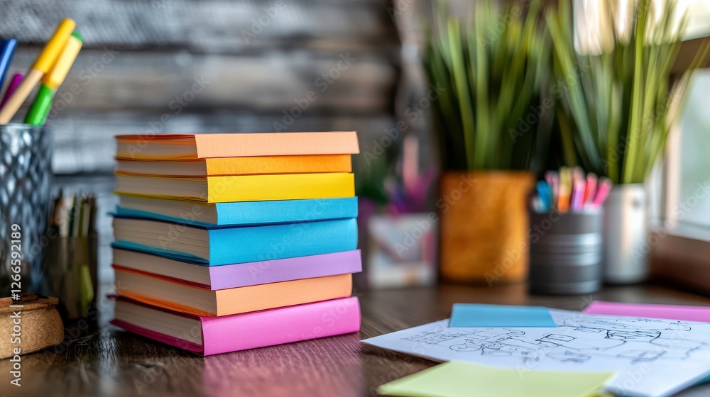 A colorful stack of sticky notes sits on a desk beside stationery items, a potted plant, and a coloring sheet, creating an inviting workspace ambiance. A colorful stack of sticky notes sits on a desk beside stationery items, a potted plant, and a coloring sheet, creating an inviting workspace ambiance.