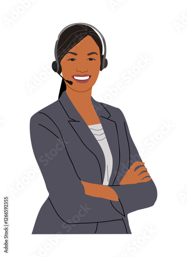 Call center, hotline, customer service business woman representative with headsets vector realistic illustration isolated. Support back office worker, telemarketing agent. Pretty girl in formal suit.