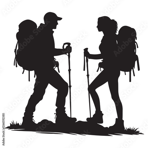 Couple hiking silhouette vector art