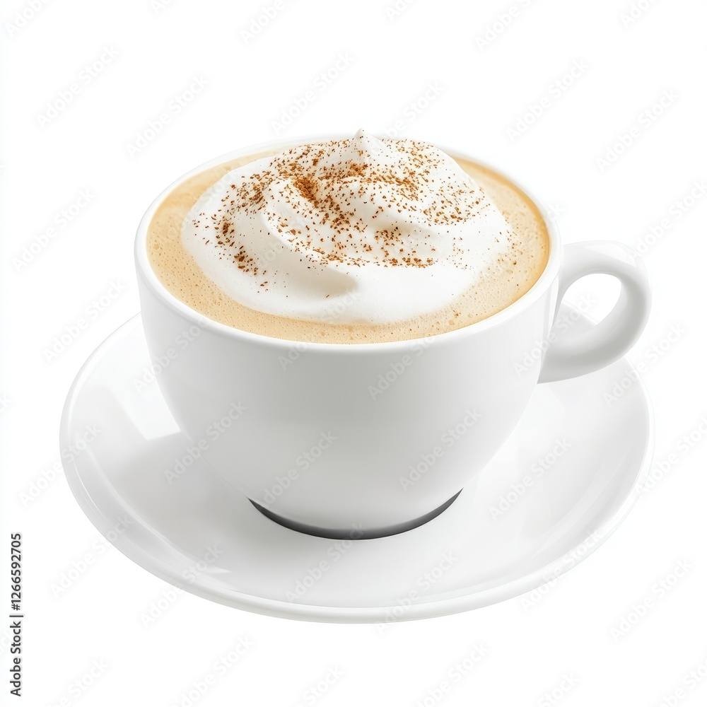A delicious cup of coffee topped with cream and cocoa powder, served in a white mug., on a white background A delicious cup of coffee topped with cream and cocoa powder, served in a white mug., on a white background