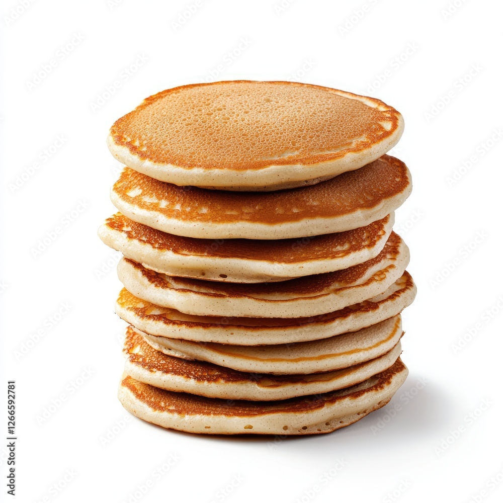 A delicious stack of fluffy pancakes ready to be enjoyed for breakfast or brunch., on a white background A delicious stack of fluffy pancakes ready to be enjoyed for breakfast or brunch., on a white background
