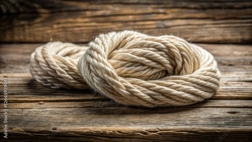 Fototapeta premium Cream-colored yarn arranged in a figure-eight shape rests on a rustic wooden surface, showcasing its texture and natural fiber composition.