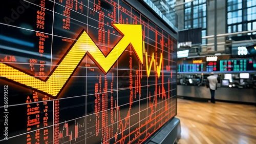 A 3d stock market display showing a sharp upward trend in a trading floor, symbolizing economic growth and financial success.