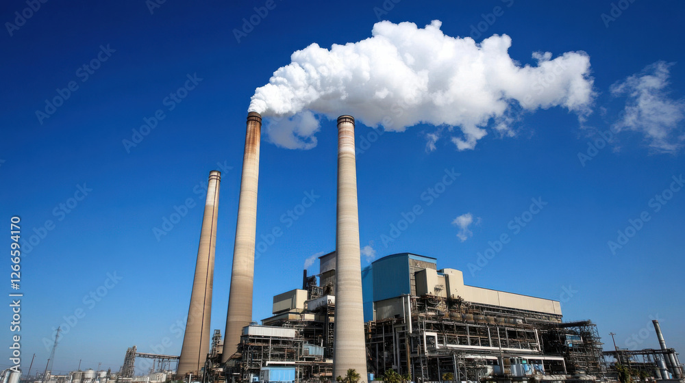 Industrial zone with smokestacks releasing white smoke Industrial zone with smokestacks releasing white smoke