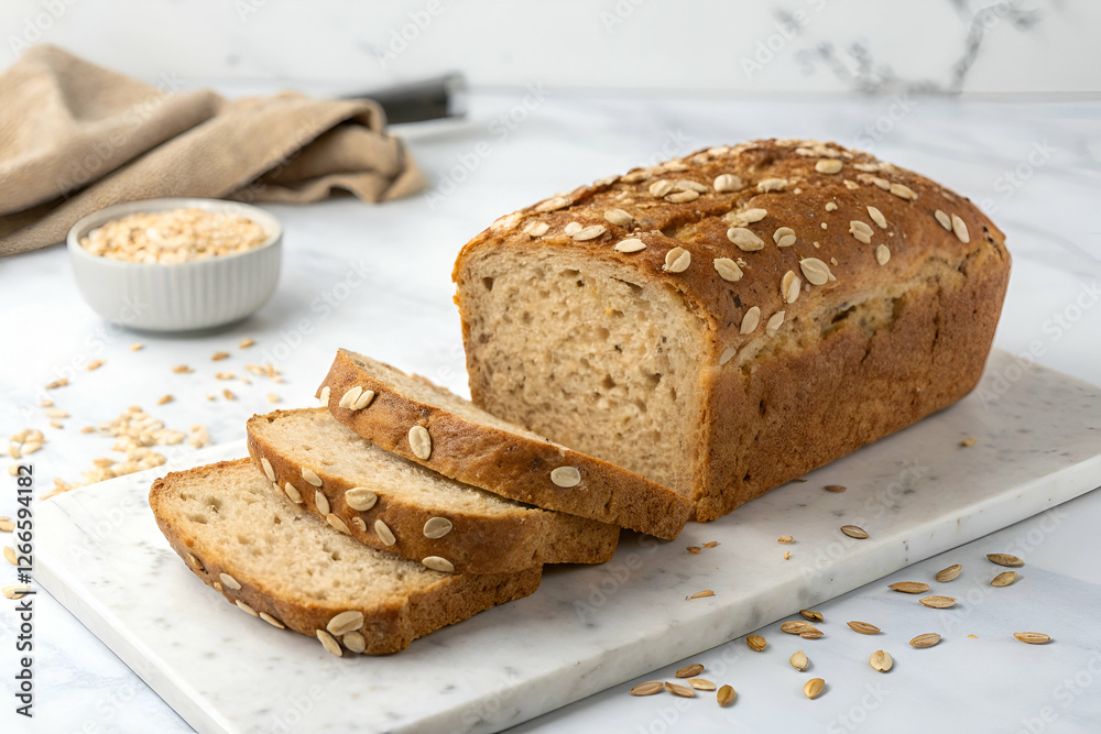 Freshly Baked Bread Slices on Marble Board with Rustic Grain Texture Freshly Baked Bread Slices on Marble Board with Rustic Grain Texture