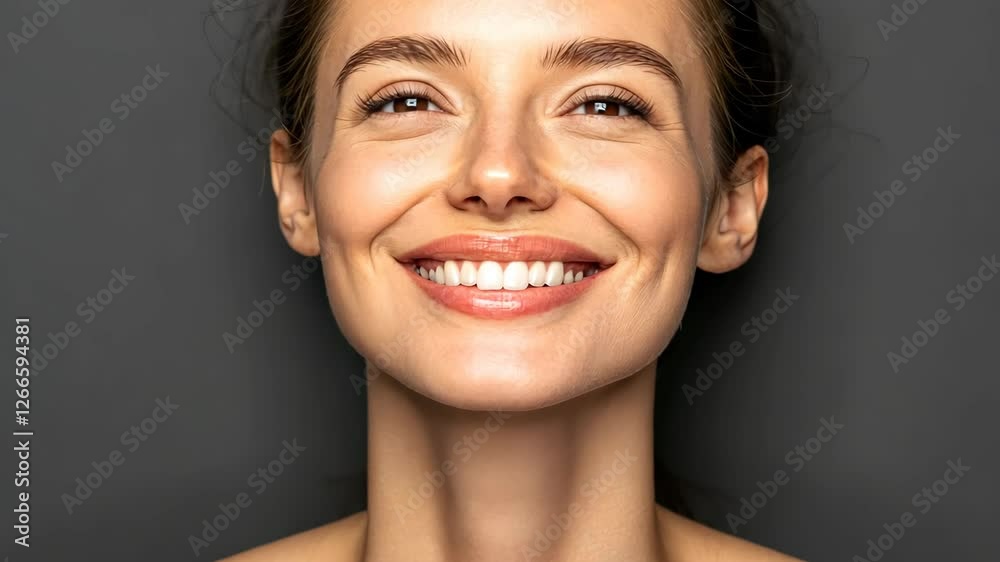 Woman smiling with natural beauty against dark background showcasing healthy skin and bright smile Woman smiling with natural beauty against dark background showcasing healthy skin and bright smile