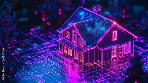 Digital AI-powered smart home with cybernetic pink holographic wireframe