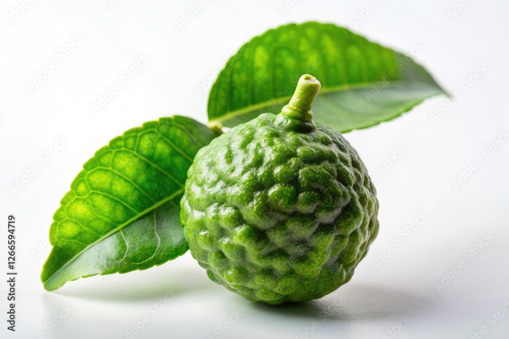 High-resolution images of fresh kaffir limes, vibrantly styled against a clean white background. High-resolution images of fresh kaffir limes, vibrantly styled against a clean white background.