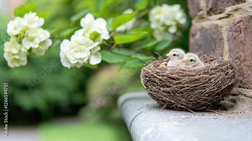 Two baby birds in a nest, white flowers, garden wall. Possible use for nature, springtime, or wildlife photo