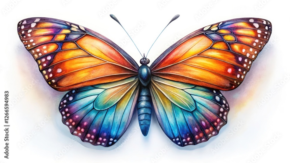 Fototapeta premium High-resolution macro shot: vibrant watercolor butterfly, detailed wings, colorful, against a pure white background.