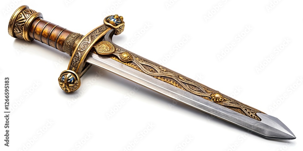 High-resolution photorealistic image: ancient medieval sword, isolated on white, showcasing its historical artifact blade. High-resolution photorealistic image: ancient medieval sword, isolated on white, showcasing its historical artifact blade.