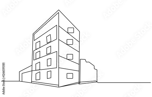 Flat roof house or commercial building in continuous line art drawing style,Continuous one line art building