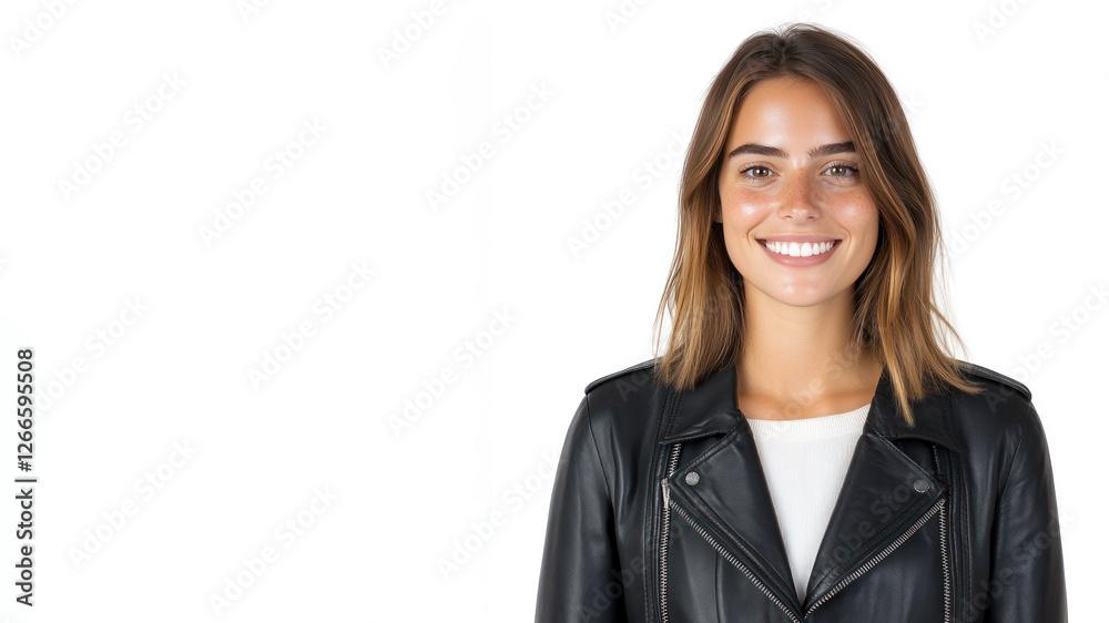German happy woman wearing black leather jacket smiling isolated on white background German happy woman wearing black leather jacket smiling isolated on white background