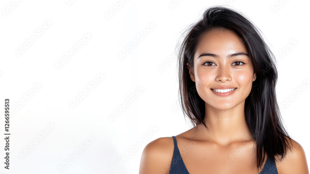 Happy Indonesian woman wearing blue dress smiling isolated on white background Happy Indonesian woman wearing blue dress smiling isolated on white background