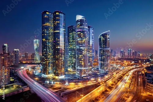 Wallpaper Mural Night view of a technologically advanced city with elegant, illuminated skyscrapers. High-quality background that meets the requirements of the latest technology. Torontodigital.ca