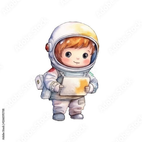 watercolors Cute astronaut holding laptop illustration 