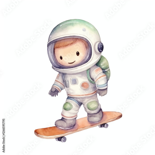 watercolors Cute astronaut playing skateboard illustration 