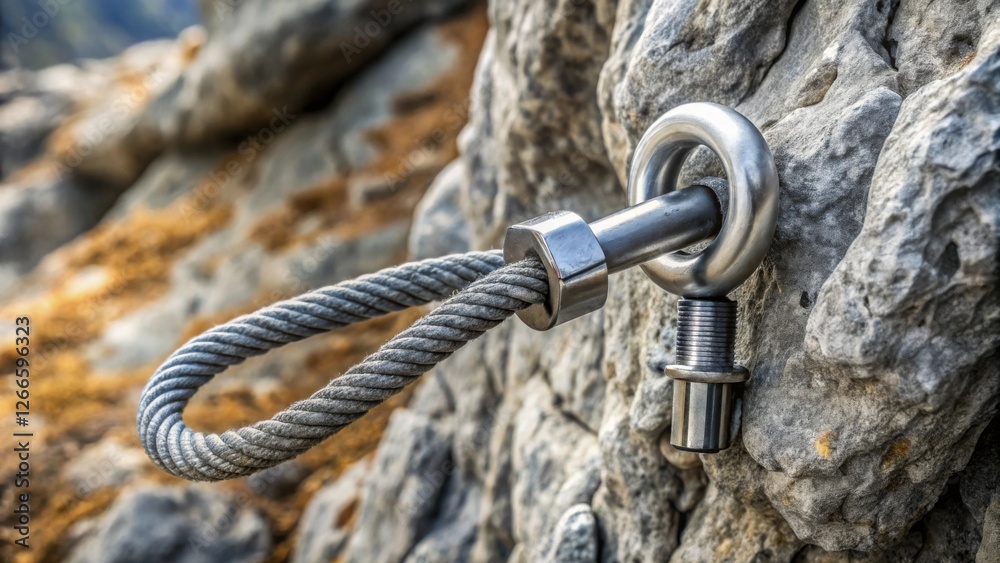 Close-up view of a sturdy steel cable secured to a rugged rock face using a robust metal fastening system Close-up view of a sturdy steel cable secured to a rugged rock face using a robust metal fastening system