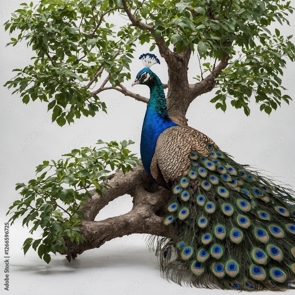 Naklejka premium A tree with a beautiful peacock resting under its shade on a pure white background.