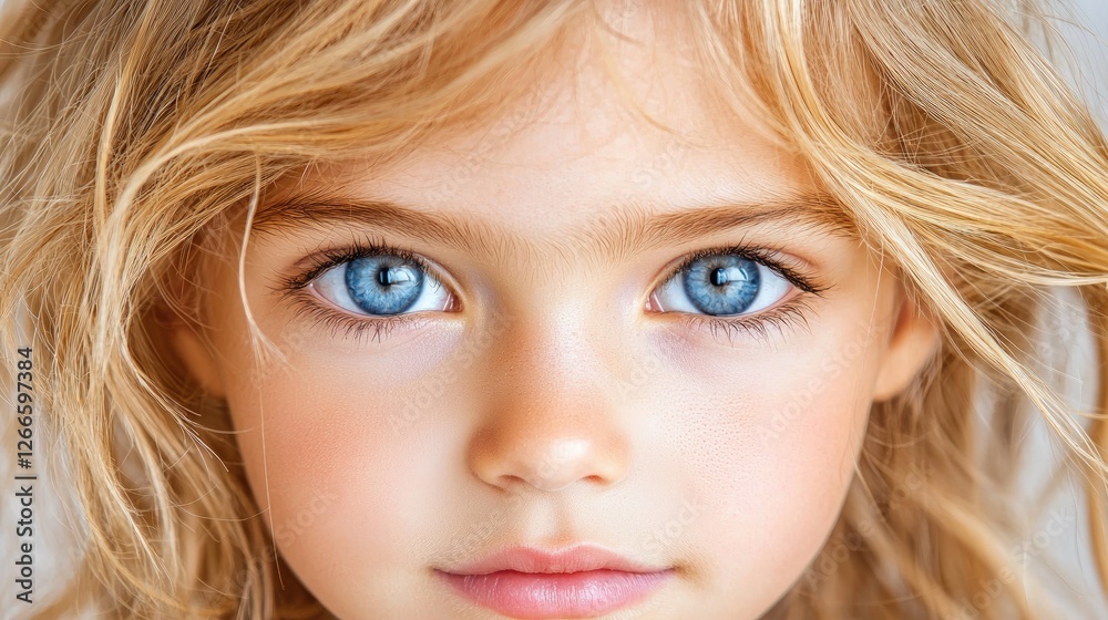 Girl's captivating blue eyes, close-up portrait, soft background, ideal for children's products Girl's captivating blue eyes, close-up portrait, soft background, ideal for children's products