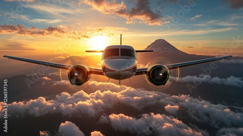 Private jet over clouds at sunset, mountain range background. Possible use travel, adventure, tourism
