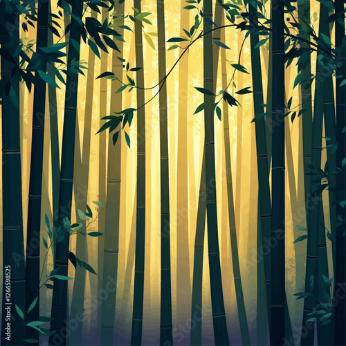 Verdant bamboo forest with glowing golden light filtering through it