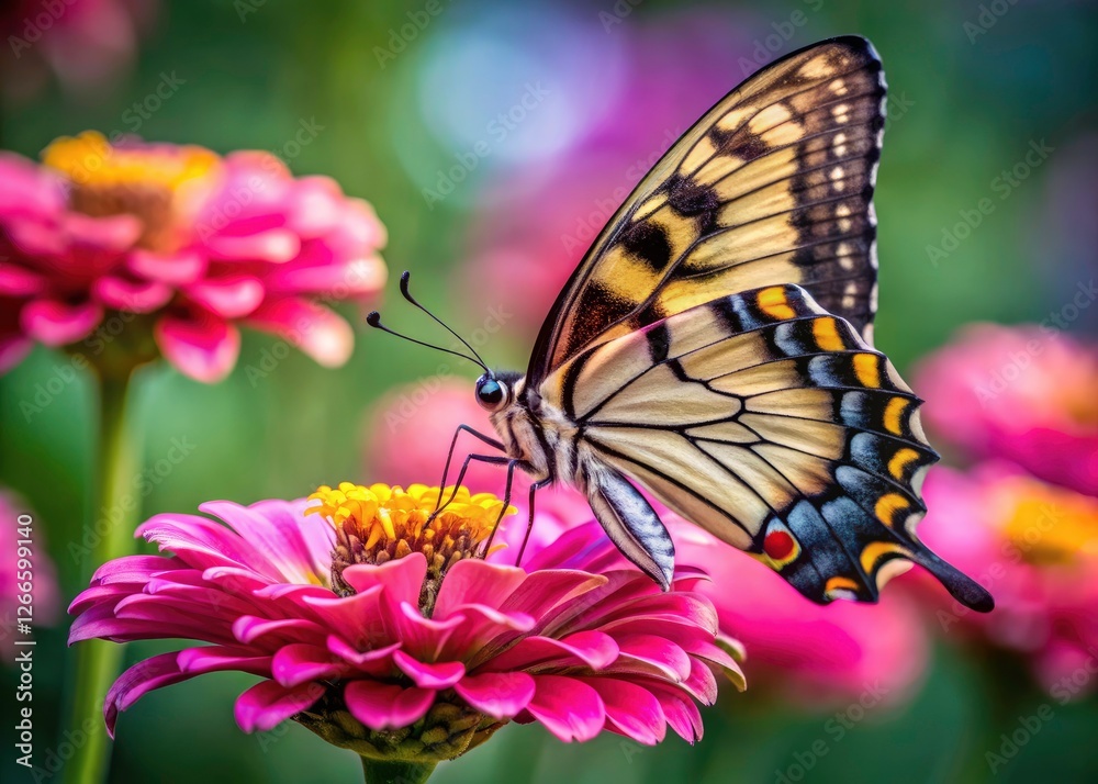 Macro shot: A swallowtail butterfly, wings delicately spread, perches on a vibrant pink zinnia in dim light. Macro shot: A swallowtail butterfly, wings delicately spread, perches on a vibrant pink zinnia in dim light.