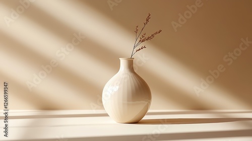 A minimalist vase with a single branch stands elegantly against a soft, warm backdrop, illuminated by gentle sunlight and subtle shadows.