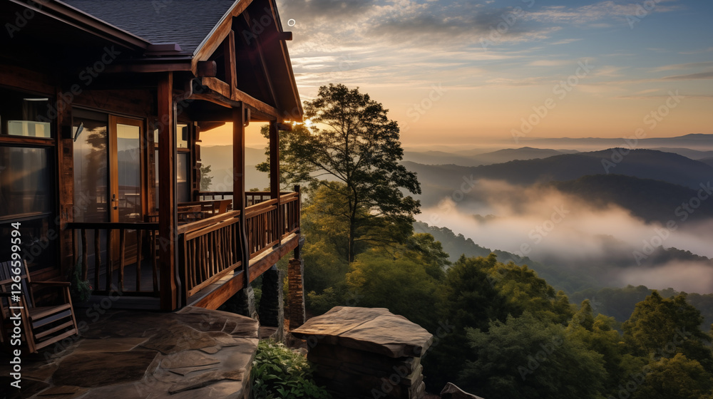 Charming log cabin perched on a mountain, offering stunning views of misty mountains and clouds, perfect for outdoor relaxation and capturing the essence of countryside living. Charming log cabin perched on a mountain, offering stunning views of misty mountains and clouds, perfect for outdoor relaxation and capturing the essence of countryside living.