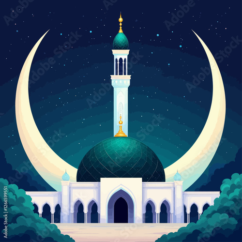 Stylized mosque with crescent moon and starry night sky