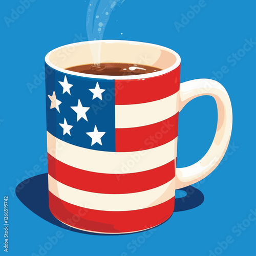 Steaming coffee mug with American flag design on blue