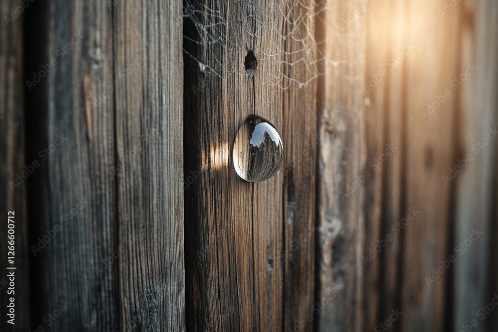 A clear glass sphere rests on a weathered wooden fence, reflecting the surrounding landscape. A clear glass sphere rests on a weathered wooden fence, reflecting the surrounding landscape.