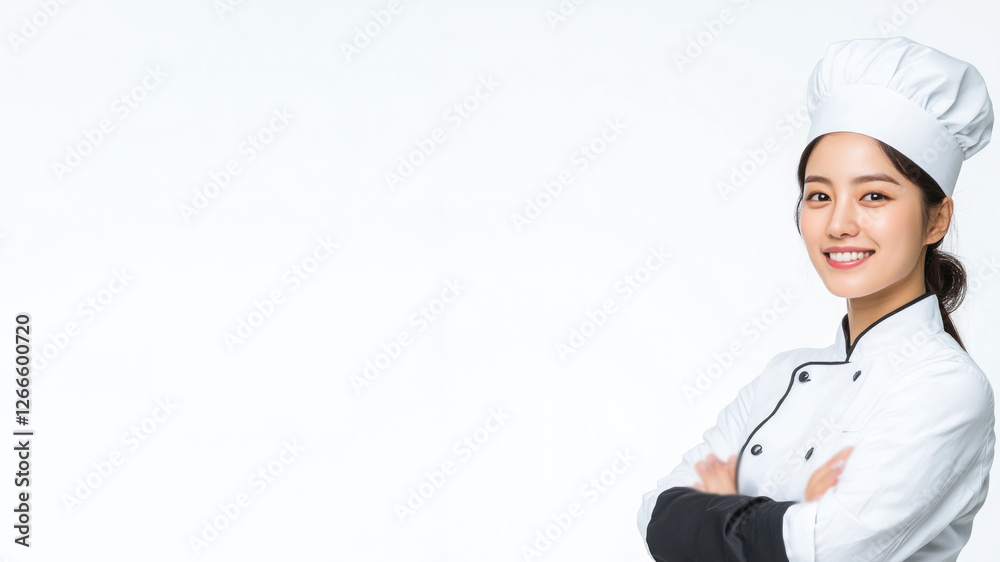 Korean young chef woman smiling isolated on white background Korean young chef woman smiling isolated on white background