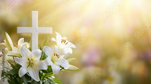 White cross with Easter lilies and golden sunlight for religious greeting cards