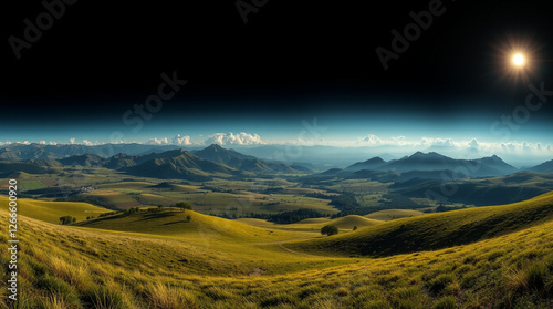 A futuristic sci-fi style panorama of a Romanian countryside