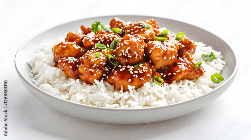 Delicious Plate of General Chicken on Rice with Sesame Seeds and Green Onions Delicious Plate of General Chicken on Rice with Sesame Seeds and Green Onions