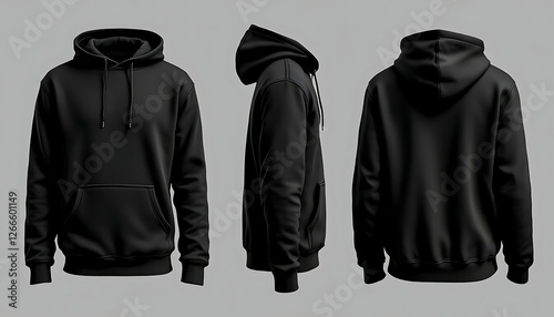 Black Hoodie Mockup Three Views Front Side and Back for Design