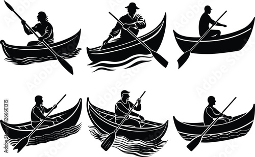 canoe boating silhouette set, Canoeing boat vector silhouette
