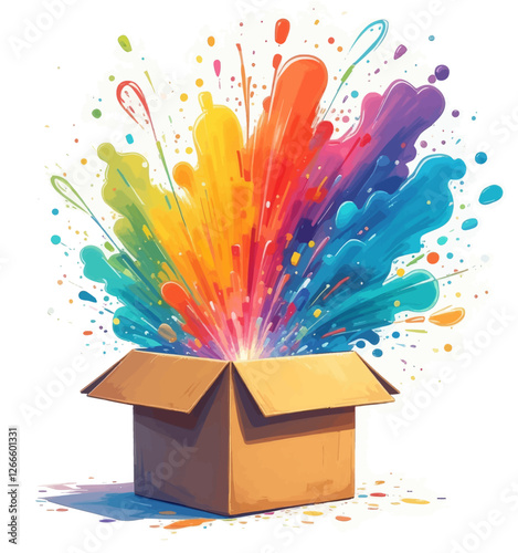 Rainbow Paint Explosion Bursting Out of Cardboard Box