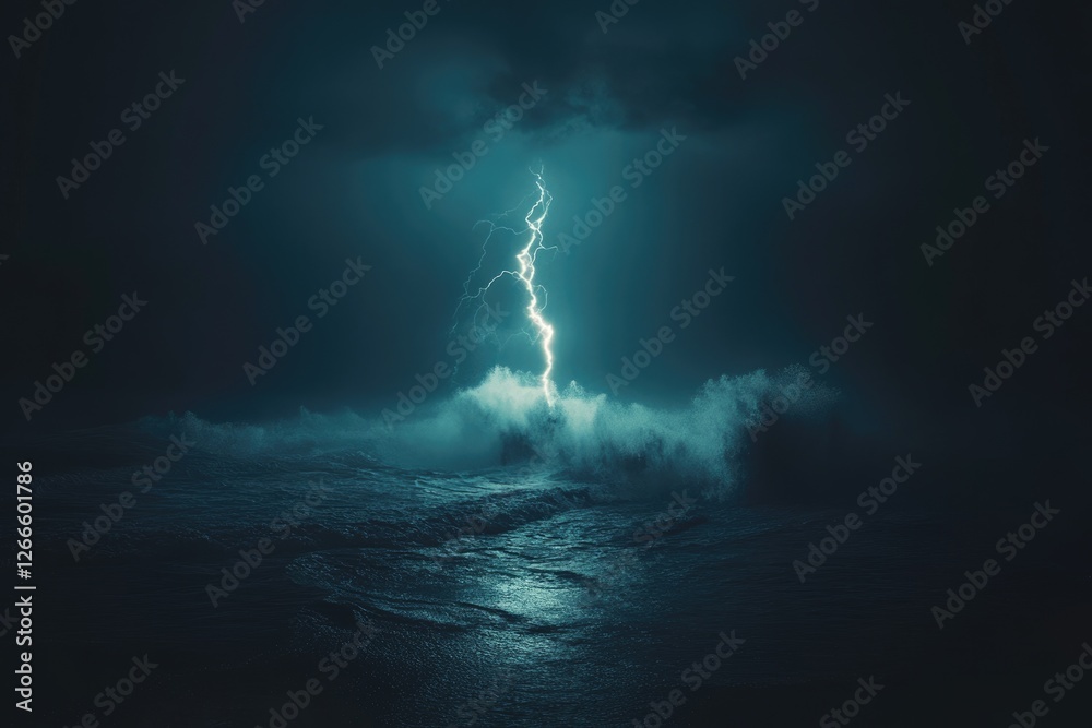Fototapeta premium A powerful lightning bolt strikes the turbulent ocean during a dramatic stormy night.