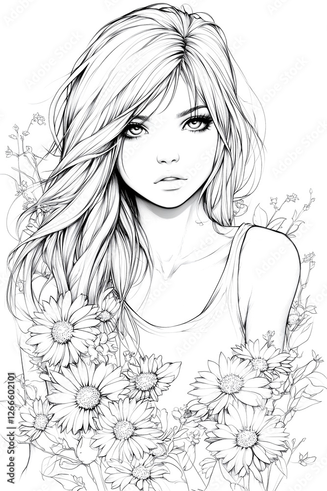 A woman with long blonde hair is sitting in a flower garden. The flowers are in various colors and sizes, and they are scattered all around her. The scene is peaceful and serene A woman with long blonde hair is sitting in a flower garden. The flowers are in various colors and sizes, and they are scattered all around her. The scene is peaceful and serene