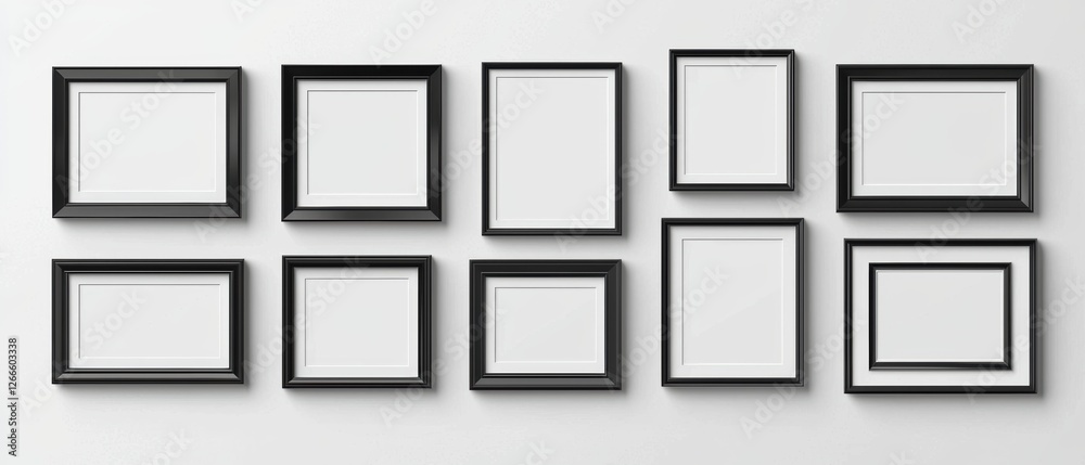 A row of black framed pictures with white borders. Generative AI A row of black framed pictures with white borders. Generative AI