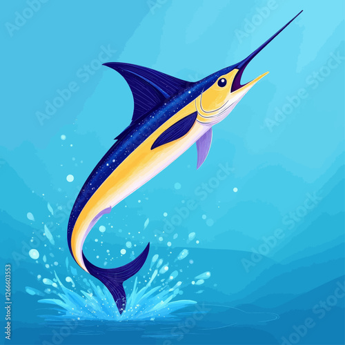 Leaping blue and yellow marlin with splashing water
