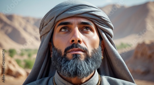 Realistic and detailed close-up image of Nabi Daud's face, wearing traditional Arabian clothing from ancient times in gray color. His expression is serene and humble, his eyes looking upwards