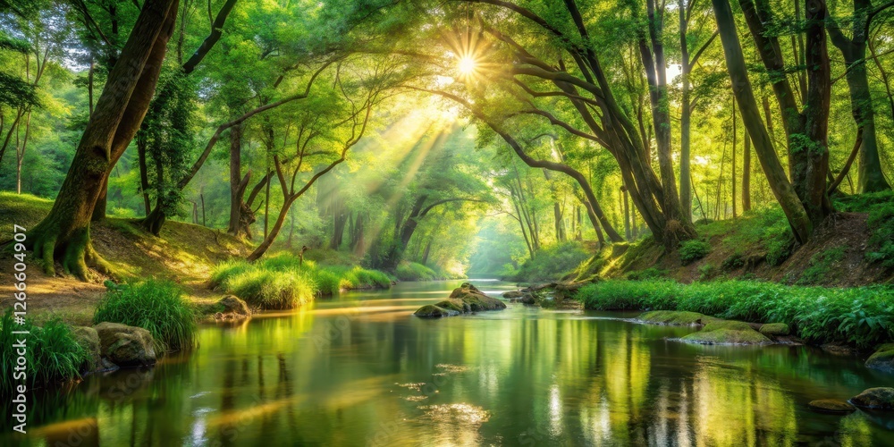 A serene forest landscape with a meandering brook and vibrant greenery A serene forest landscape with a meandering brook and vibrant greenery