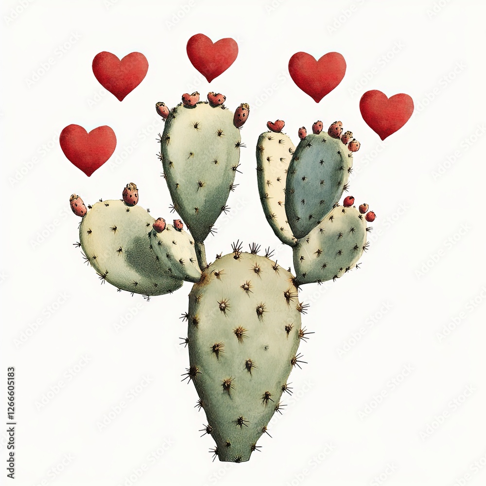 Cactus with heart shapes floating above in a simple design Cactus with heart shapes floating above in a simple design