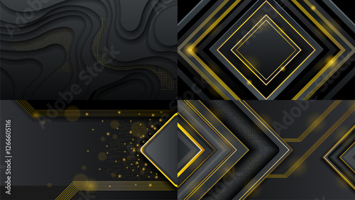 Set Abstract Collection Dark Black Gold Material Modern Background With Golden Lines Stripes Shadows Backdrop Wallpaper Decoration Vector Design Style