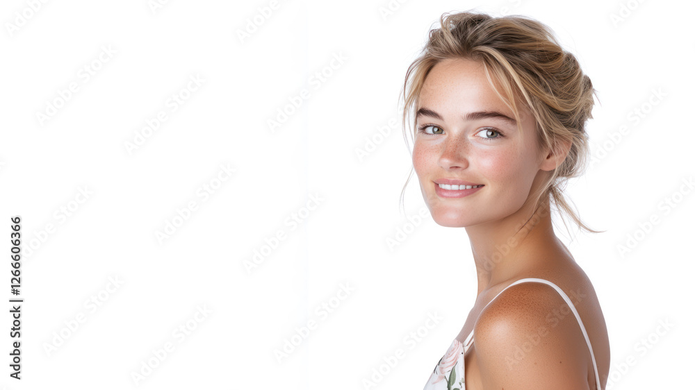 Blond hair woman wearing a white dress with a rose pattern smiling isolated Blond hair woman wearing a white dress with a rose pattern smiling isolated
